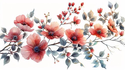 Painting of Flowers and Leaves on White Background