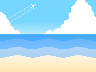 グラデーション空と海と飛行機と積乱雲背景B：青