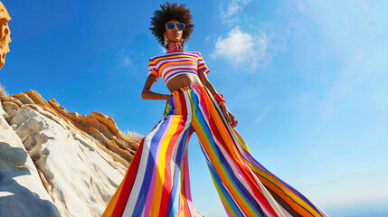 Fototapeta premium Young stylish woman model posing for edgy and modern fashion editorial. Conceptual photo in vivid neon colors. Haute couture contemporary trends
