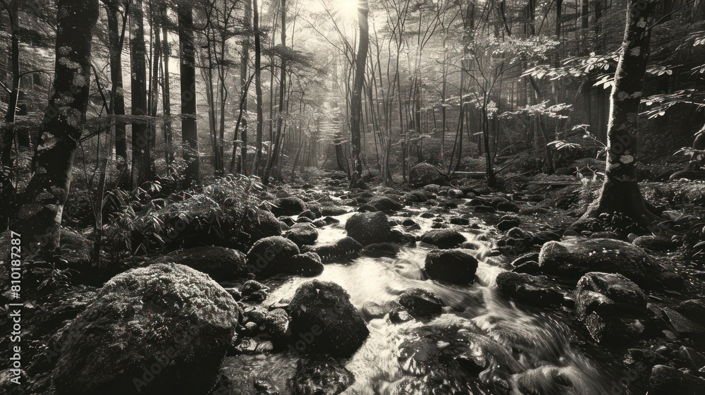 Poster a black and white photo of a forest with a stream running through it