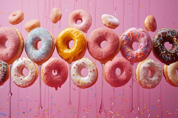 Large delicious donut with pink glaze hanging in the air on a pink background