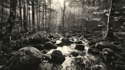 A black and white photo of a forest with a stream running through it