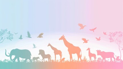 A colorful image of animals in a field, including elephants, giraffes, and birds