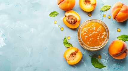 Jar of sweet peach jam and fresh fruit on light blue b