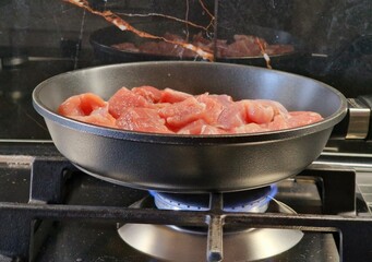 meat fried in a frying pan in the kitchen