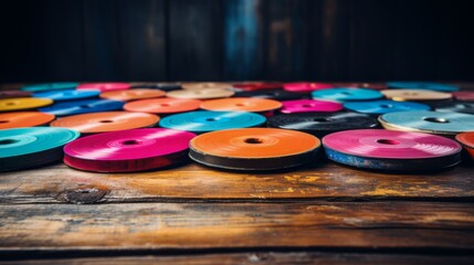 Table Covered With Blue and Pink Records