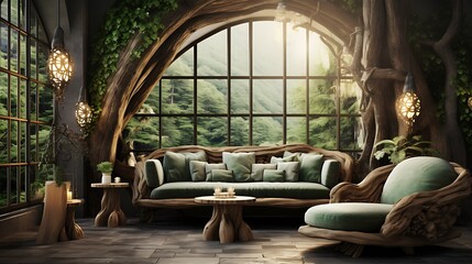 Form a mystical forest living room with woodland motifs and earthy, natural furniture