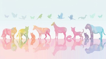 Fototapeta premium A line of animals in a row, including a giraffe, a deer, a cat, and a bird