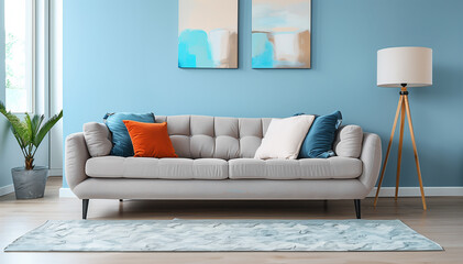 Minimalistic interior in blue. Mockup of paintings above the sofa.