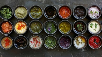 assortment of colorful dip sauce bowls viewed from above appetizing condiment variety top view food photography