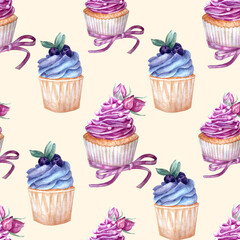Watercolor seamless pattern with cupcakes. Hand drawn design illustration.