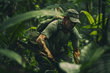 An intrepid explorer cutting through dense jungle with a machete, symbolizing adventure and determination