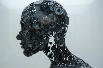 Mechanical Components Inside Human Silhouette, High Contrast Background, Minimalist Detail