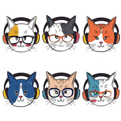 Six cute cartoon cats wearing headphones, different fur colors facial expressions. Cats illustrated glasses various earphone colors, listening music. Cartoon felines feature orange, gray, white