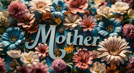 The word "Mom" surrounded by colorful flowers.