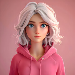 3D Portrait of a cartoon girl with white hair.
