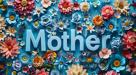 The word "Mom" surrounded by colorful flowers.