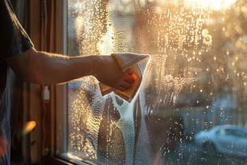 An intimate shot capturing someone wiping down a smudged glass window with a soft cloth, sunlight streaming through, portraying cleanliness and clarity