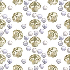 Seamless pattern of a glamour, marine, tropical theme. Shells, shiny pearls. Watercolor hand drawn illustration. On white background. For decoration and design. Summer tropic vibes. Ocean Cockleshell.
