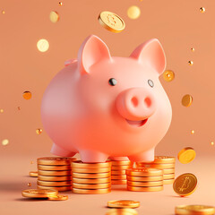 3d happy piggy bank and stacks of coins