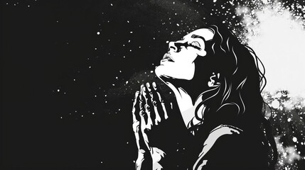 Obraz na płótnie Canvas black and white illustration of woman looking up praying towards sky worship and spirituality concept