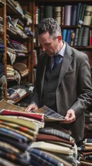 Elegant tailor choosing fabric swatches in a bespoke tailoring shop. Lifestyle portrait with vintage aesthetics