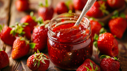 Strawberry jam. Spoon scooping homemade strawberry jam from a glass jar surrounded by fresh...