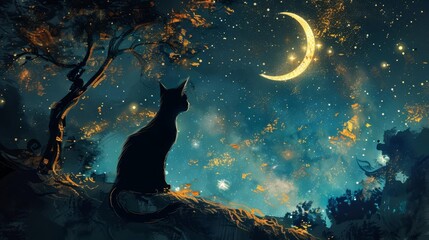 black cat gazing at crescent moon in starry night sky fantasy illustration