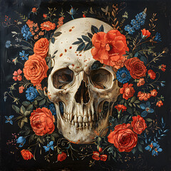 The skull is decorated with flowers. The background is black