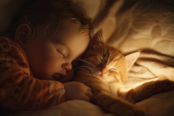 An intimate close-up image capturing the serene slumber of a baby nestled with a sleeping kitten, illuminated by the soft glow of a nightlight, exuding a sense of calm and security - Powered by Adobe