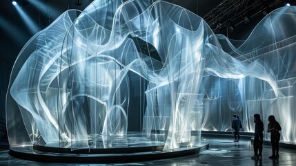 Blue and white dynamic fabric sculpture in an art exhibition space. Ambient light installation.