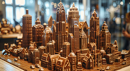 A chocolate city with skyscrapers.