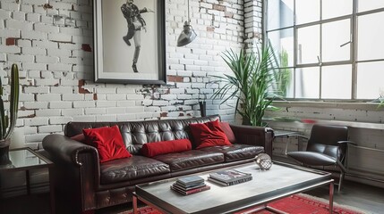 Loftstyle living room with white brick walls, black leather sofas, and a silver coffee table A vibrant blue rug contrasts with the minimalist industrial decor