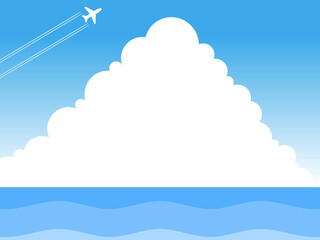 海と積乱雲と飛行機雲フレーム：青
