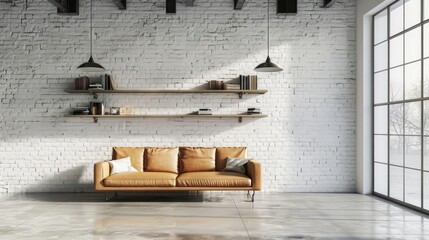Sleek industrial minimalist living room with polished concrete floors, white brick walls, and a tan leather couch Wooden shelves add warmth