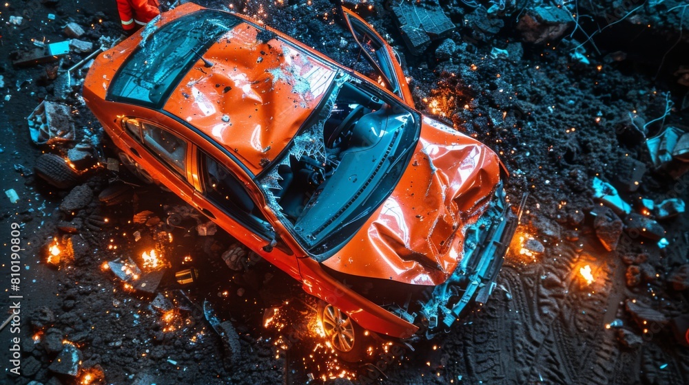 Poster create an overhead perspective of a collision involving a car and a roadside ditch, with emergency r