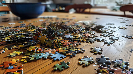Jigsaw puzzle with missing fragments on table