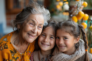 Portrait of a happy grandmother with her two granddaughters.