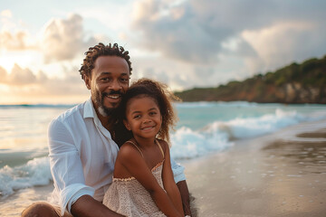 Happy african american father and daughter sitting on sandy beach at sunset