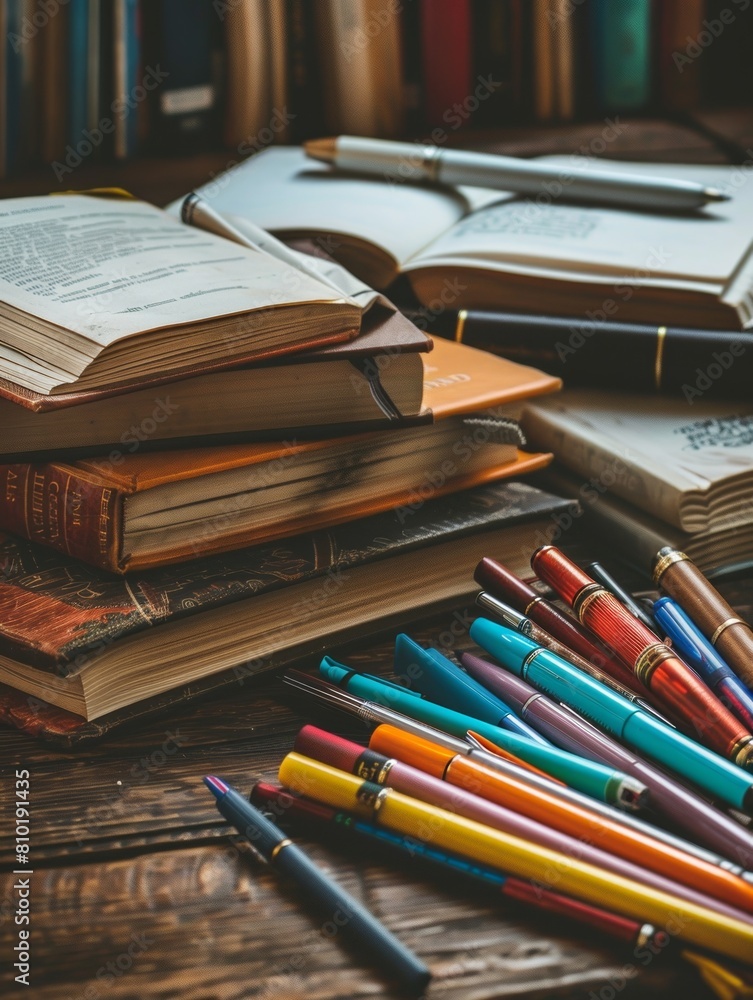 Poster a stack of books sits atop a rustic wooden table, creating a captivating visual of literary abundanc