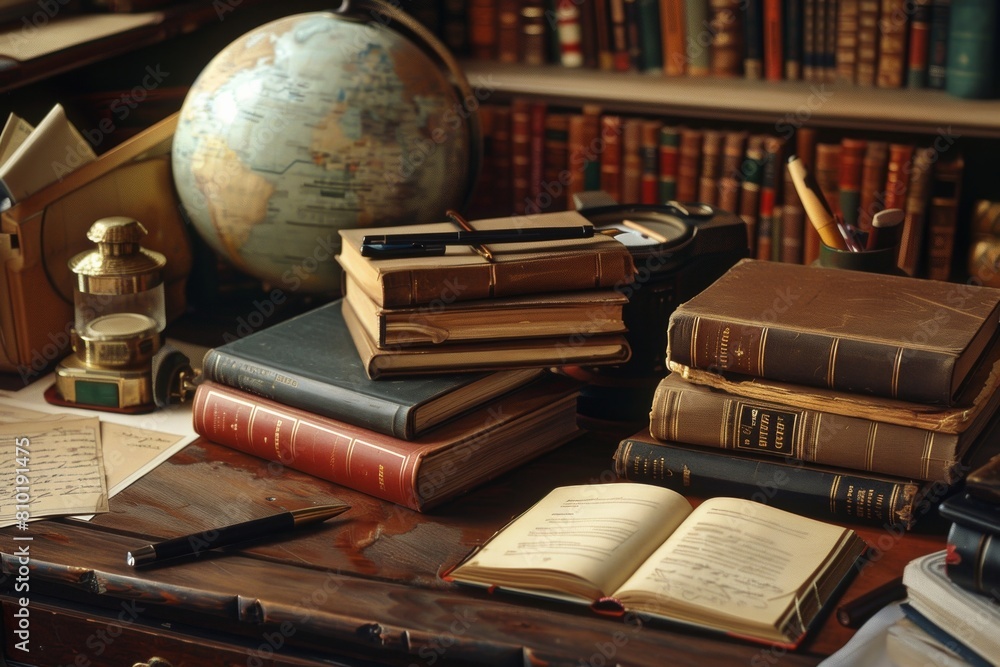 Aufkleber A table adorned with a plethora of books and a globe, symbolizing the endless journey of learning and discovery. Generative AI