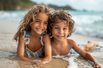 Portrait of two adorable little children having fun on the beach during summer vacation