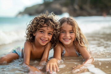 Portrait of two little children playing in the water at the beach