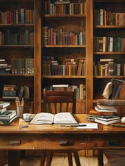 A wooden desk covered in a plethora of colorful books, pens, and educational supplies. Generative AI