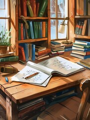 Fototapeta premium A beautifully painted desk adorned with colorful books and a sleek pen, capturing the essence of creativity and imagination. Generative AI