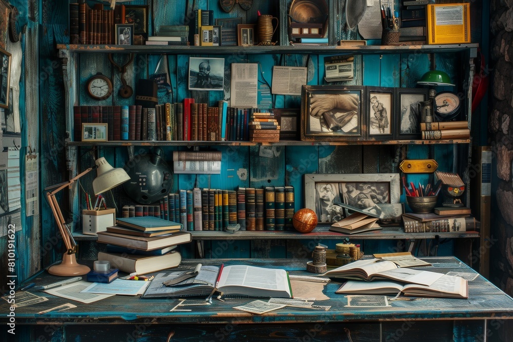 Poster a desk adorned with books and a glowing lamp, creating a cozy and scholarly atmosphere. generative a