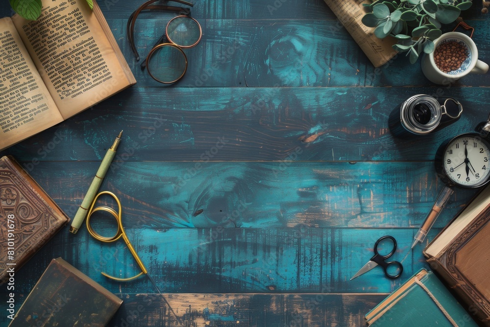 Poster a stack of books sits on a table next to a pair of scissors, illustrating the art of shaping informa
