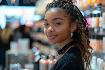 seller african american woman stands in a cosmetics store