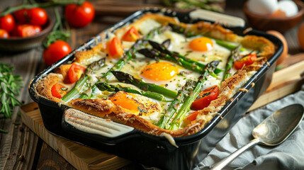 Bread casserole with green asparagus, goat cheese, tomatoes and eggs on wooden table