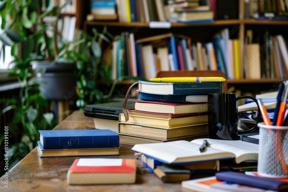 Leinwandbilder A wooden table covered in a multitude of books, creating a scholarly and inviting atmosphere. Generative AI